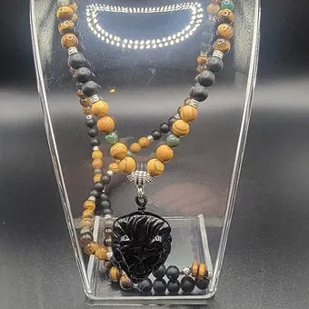 Tigers Eye/Green Agate/Tigerskin Jasper/Onyx w/Black Obsidian Lion Head