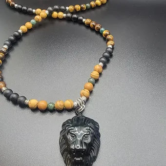 Tigers Eye/Green Agate/Tigerskin Jasper/Onyx w/Black Obsidian Lion Head