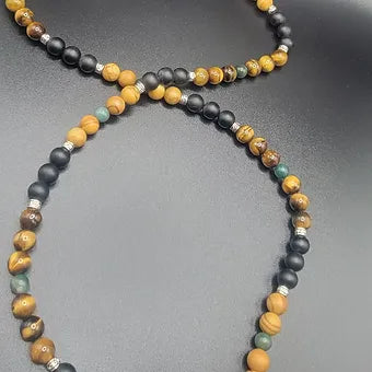 Tigers Eye/Green Agate/Tigerskin Jasper/Onyx w/Black Obsidian Lion Head