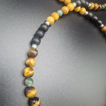 Tigers Eye/Green Agate/Tigerskin Jasper/Onyx w/Black Obsidian Lion Head