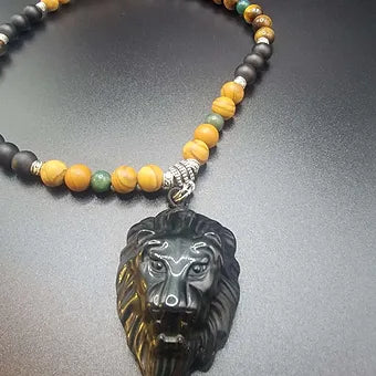 Tigers Eye/Green Agate/Tigerskin Jasper/Onyx w/Black Obsidian Lion Head